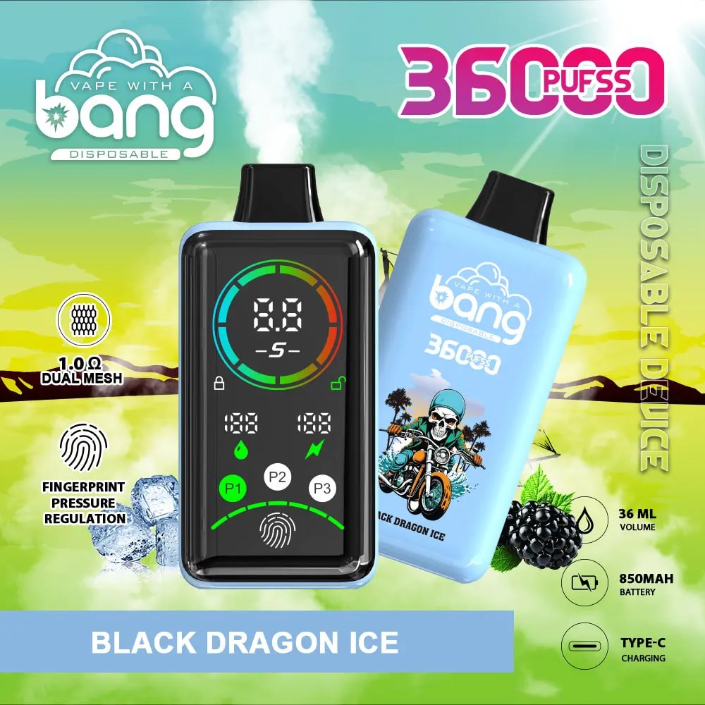 Colourful promotional image showing two Bang disposable vape devices — a black model with a circular digital display and a pale blue model labelled Black Dragon Ice with a motorcycle illustration, surrounded by icons and text highlighting features such as 360 puffs, 1.0Ω dual mesh, fingerprint pressure regulation, 36 ml volume, 850mAh battery and Type‑C charging, with blackberries and ice cubes as flavour imagery.