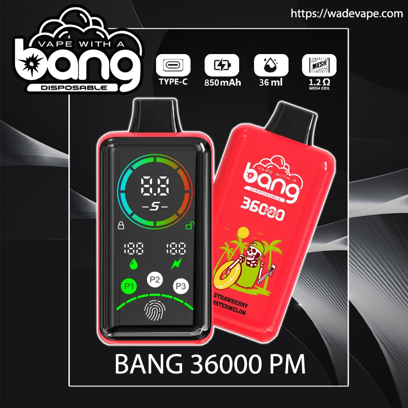 Advertisement showing two glossy red Bang disposable vape devices—one front-facing with a circular digital display, battery and mode icons and a fingerprint touch area, and one angled back featuring a skeleton-on-beach strawberry watermelon graphic and the label BANG 36000 PM with small icons indicating Type-C, 850 mAh, 36 ml and 1.2Ω mesh coil.