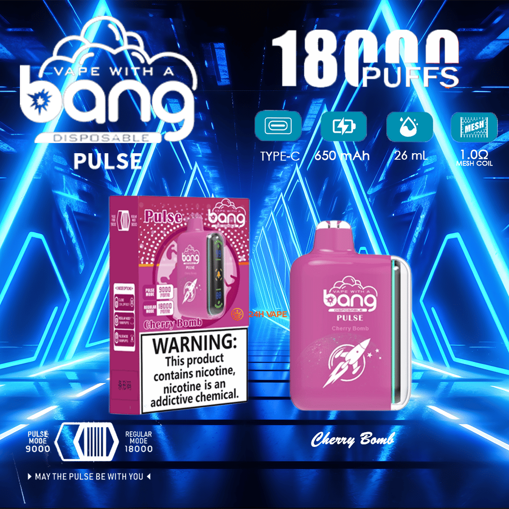 Pink Bang Pulse disposable vape and matching Cherry Bomb box displayed on a blue neon geometric background, with large '18000 puffs' text, icons for Type‑C, 650 mAh, 26 mL and 1.0Ω mesh coil, and a prominent nicotine warning label on the packaging.