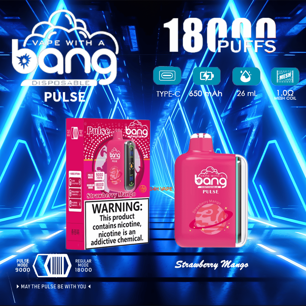 Promotional neon-blue graphic showing a pink Bang Pulse disposable vape and its Strawberry Mango box with a prominent nicotine warning, advertising 18,000 puffs and icons for Type‑C charging, 650 mAh battery, 26 mL e‑liquid and 1.0Ω mesh coil.