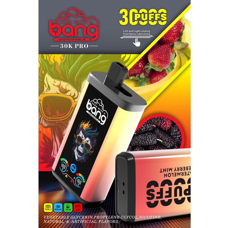 Colourful product poster showing two gradient Bang 30K Pro disposable vapes — one upright with a flaming skull wearing sunglasses on its screen and one lying on its side — alongside text advertising 30,000 puffs, fruit images (strawberries, banana and blackberries) and bright yellow and orange graphic accents.