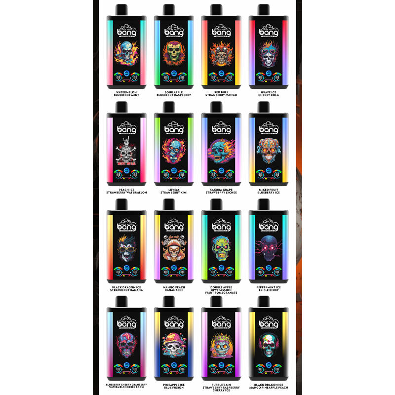 Grid of twenty Bang disposable vape devices with black fronts, neon gradient sides and distinctive skull-themed artwork, each shown with its individual flavour name beneath.