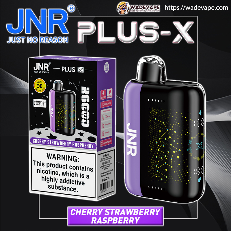 Packaged JNR PLUS‑X vape device and box against a dark background, showing a glossy purple-and-black pod with constellation-style yellow dot pattern and JNR logo, prominent PLUS‑X branding, a purple Cherry Strawberry Raspberry flavour label and a large nicotine warning on the box.