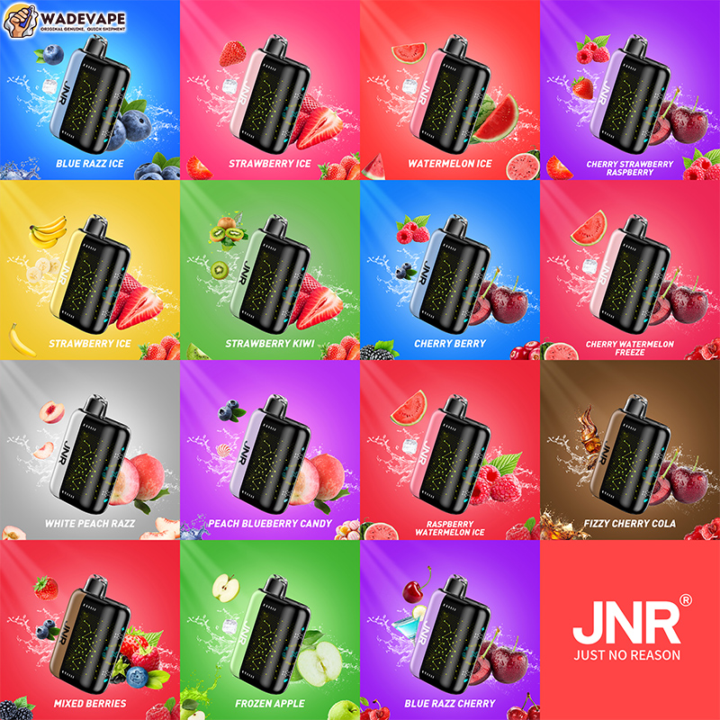 Colourful 4x4 grid of 16 JNR disposable vape advertisements, each panel showing a black vape device with vivid fruit-splash imagery and flavour names (various berry, fruit and cola flavours) against bright backgrounds, with the JNR logo and 'Just No Reason' tagline.