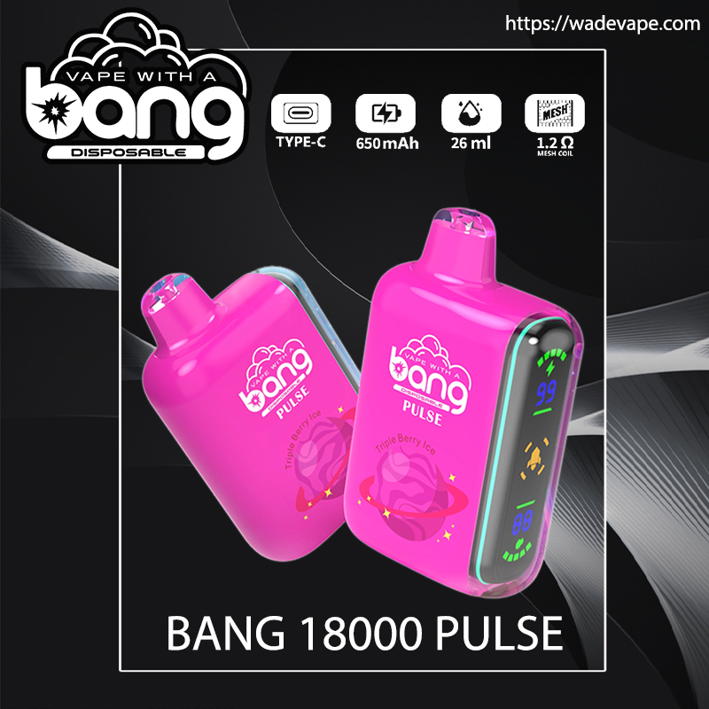 Two bright pink Bang 18000 Pulse disposable vape devices with a side LED display and logo on a dark promotional background showing icons for Type‑C charging, 650 mAh, 26 ml and 1.2 Ω mesh coil and the website wadevape.com