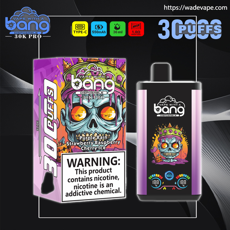 Purple-gradient disposable vape and matching box for 'Bang 30K Pro', both featuring a colourful dripping skull illustration, flavour text (Purple Rain — Strawberry Raspberry — Cherry Ice), feature icons and a prominent nicotine warning panel.
