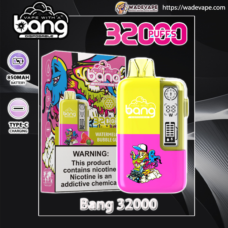 Bright yellow-and-pink Bang disposable vape device alongside its matching box on a dark promotional background, prominently labelled 32000 PUFFS with watermelon bubble gum flavour, colorful cartoon artwork, 850mAh and Type-C charging icons, a digital display on the device and a nicotine warning panel on the box.
