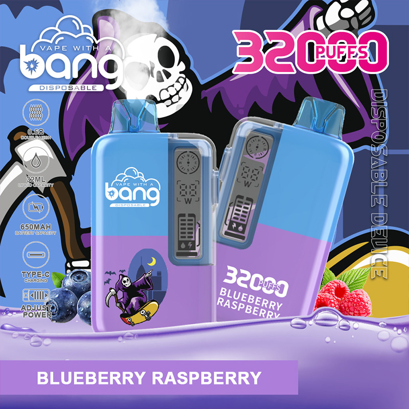 Two blue-and-purple disposable vape devices with transparent mouthpieces and digital displays, branded Bang and labelled Blueberry Raspberry with 32000 puffs, set on a purple background featuring a cartoon grim reaper, blueberries and raspberries and small icons indicating specs (32ml, 650mAh, Type‑C charging).