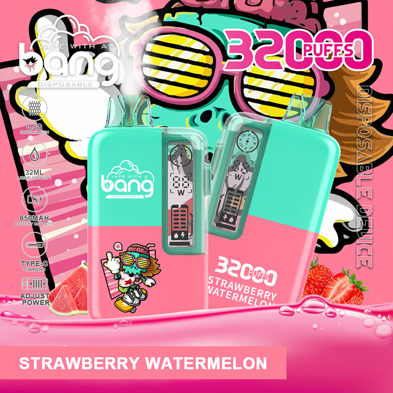 Bright pink-and-teal packaging for a disposable "bang" vape marked 32000 puffs and strawberry watermelon, showing two transparent-topped rectangular devices with digital displays, a cartoon character wearing shutter shades, and strawberry and watermelon illustrations against a pop-art background.
