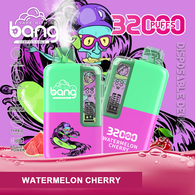 Colourful promotional image of two green-and-pink Bang disposable vape devices labelled Watermelon Cherry with a digital display and a prominent "32000 puffs" claim, set against a purple graphic background with stylised waves, fruit illustrations and a pink liquid splash.