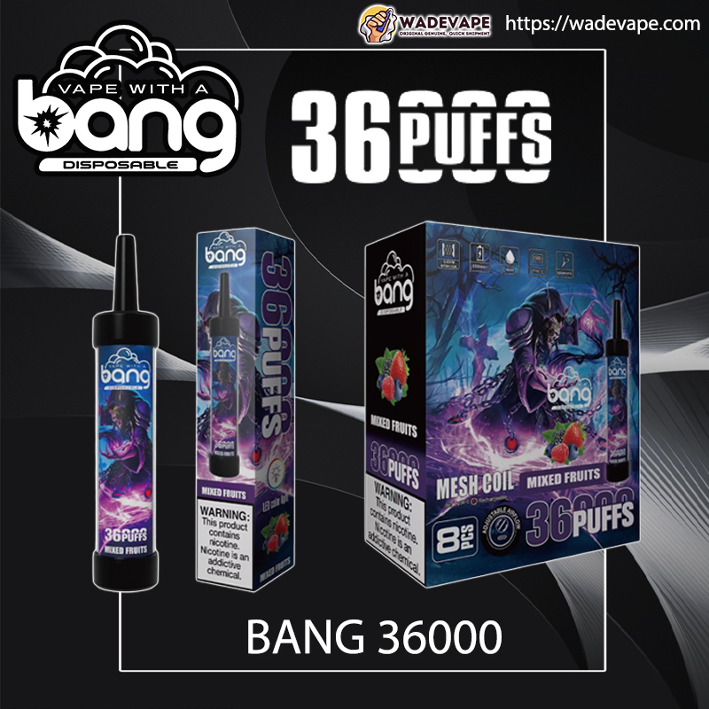 Advertisement showing three views of a Bang disposable vape labelled BANG 36000 and large '36 PUFFS' text, featuring a black cylindrical device and boxed packaging with purple mixed-fruits artwork and branding on a dark stylised background.