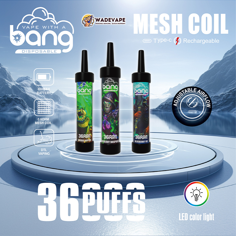 Three disposable 'Bang' vape devices with colourful flavour artwork stand on a circular platform against a misty mountain-lake background, accompanied by bold text reading 36 puffs and Mesh Coil and icons indicating adjustable airflow, LED colour light, 650mAh battery, 0.6Ω mesh coil and Type‑C rechargeable.