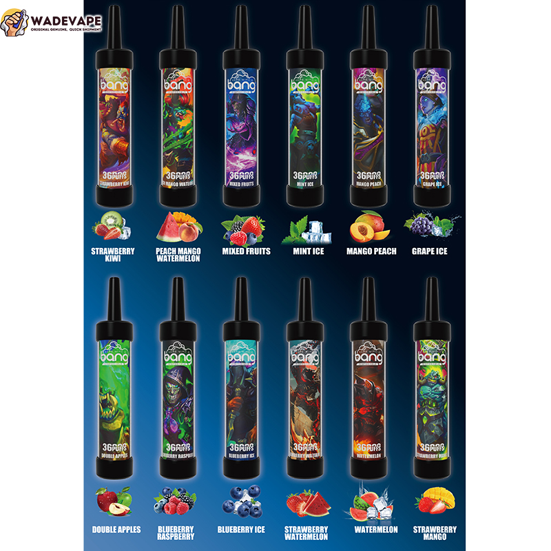 Twelve colourful disposable 'Bang' vape pens with illustrated fantasy-style labels and flavour icons (strawberry kiwi, peach mango watermelon, mixed fruits, mint ice, mango peach, grape ice, double apples, blueberry raspberry, blueberry ice, strawberry watermelon, watermelon, strawberry mango) arranged in two rows against a blue gradient background, each marked '36 puffs' and accompanied by a WadeVape logo in the top-left.