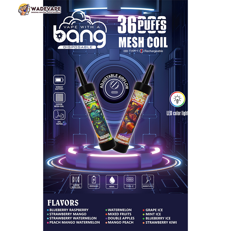 Packaging for Bang disposable vape showing two illustrated vape pens on a neon futuristic stage with prominent '36 puffs' and 'mesh coil' text, adjustable airflow and LED colour light icons, and a flavours list including blueberry raspberry, strawberry mango, watermelon and more.
