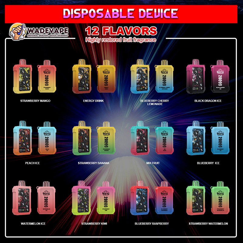 Colourful promotional poster for WADEVAPE showing a grid of 12 disposable vape devices labelled with flavours — Strawberry Mango, Energy Drink, Blueberry Cherry Lemonade, Black Dragon Ice, Peach Ice, Strawberry Banana, Mix Fruit, Blueberry Ice, Watermelon Ice, Strawberry Kiwi, Blueberry Raspberry and Strawberry Watermelon — with a bold header reading DISPOSABLE DEVICE and 12 FLAVOURS over a radiant starburst background.