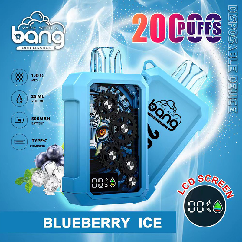 Bright blue Bang disposable vape device shown twice on a frosty background with blueberries and ice cubes, featuring a gears-themed front panel and small LCD readout and marketing text 'Blueberry Ice' and '20,000 puffs', plus icons noting 1.0Ω mesh, 25 ml volume, 500 mAh battery and Type‑C charging.