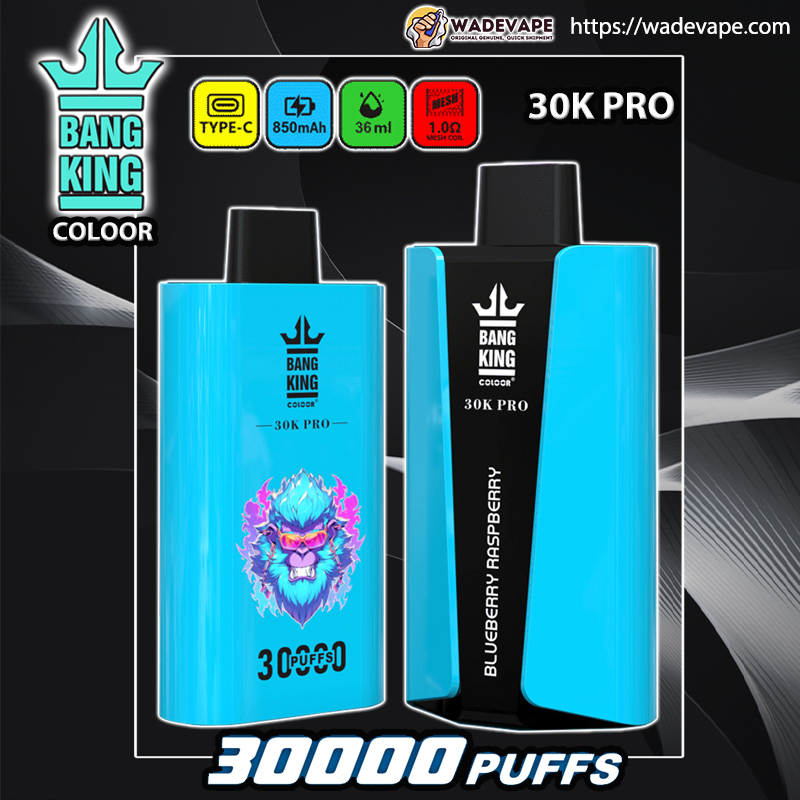 Bright cyan Bang King Coloor 30K Pro disposable vape on a dark background showing two devices — a front view with a blue-purple lion graphic and '30,000 puffs' label and a side view with a black centre panel labelled 'Blueberry Raspberry' — header icons indicate Type‑C charging, 850mAh battery, 36ml e-liquid and 1.0Ω mesh coil, with WadeVape branding.