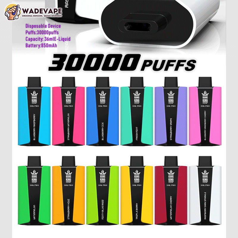 Two rows of colourful Bang King disposable vape devices with black mouthpieces displayed under a large bold '30000 PUFFS' headline and a WadeVape logo and product specs (36 mL e‑liquid, 850 mAh) in the top left corner.