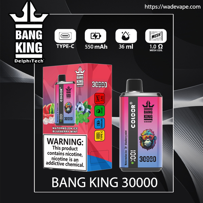 Colourful product image of a Bang King 30000 disposable vape and its box on a dark background, showing the crown logo, flavour Watermelon Ice Blueberry Mint with a colourful monkey illustration, feature icons for Type‑C charging, 550 mAh, 36 ml capacity and 1.0 Ω mesh coil, plus a prominent nicotine health warning.
