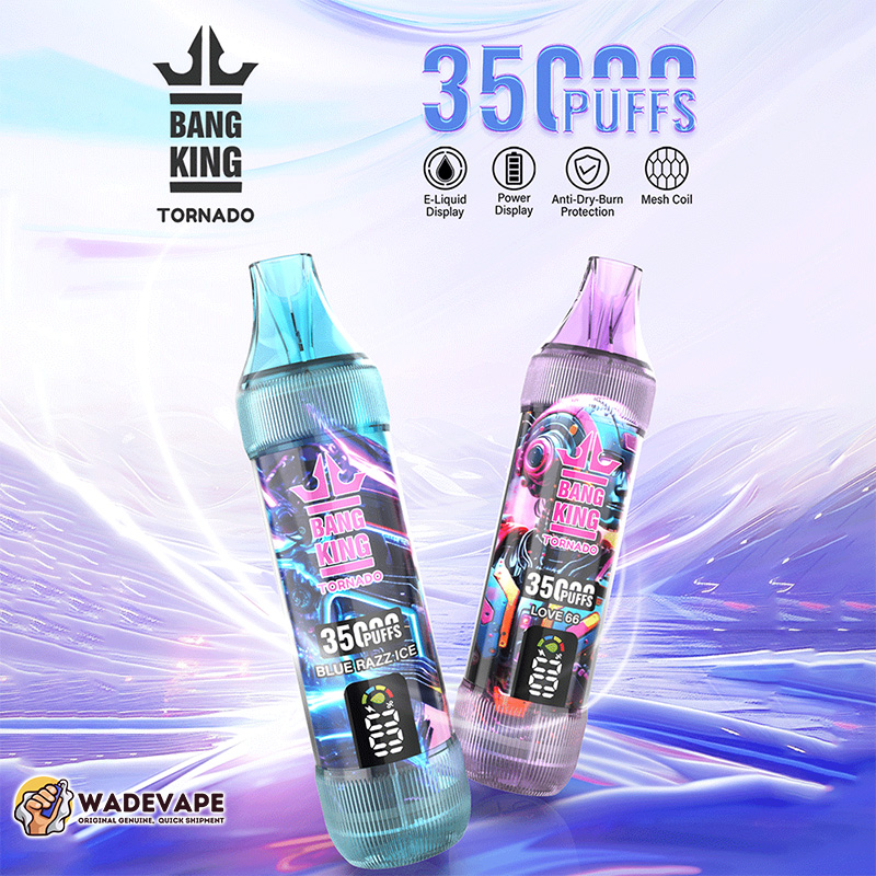 Two colourful Bang King Tornado disposable vape devices against a purple swirling background, each showing a crown logo and prominent "35,000 puffs" label — left in teal marked Blue Razz Ice and right in purple marked Love 66 — with e-liquid/power display icons and a WadeVape logo in the corner