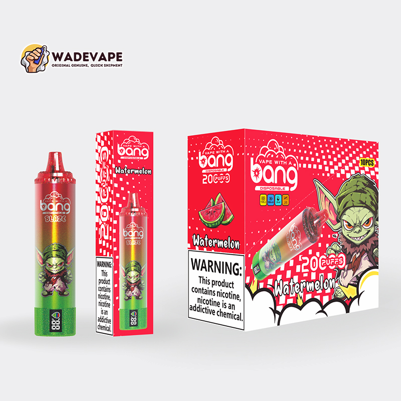 Two red-and-green watermelon-themed disposable vape items — a single cylinder device and its slim retail box on the left and a larger multi-pack display box on the right — branded "Vape with a Bang" with watermelon graphics, a cartoon goblin character and visible nicotine warning labels.