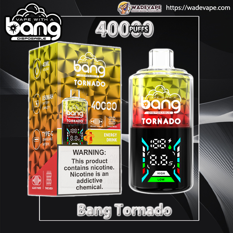 Product shot of a Bang Tornado disposable vape and its gold geometric packaging: the box shows specs (40ml, 850mAh, Type‑C), a nicotine warning and 'Energy Drink' flavour, while the bottle‑shaped vape has a red‑to‑yellow gradient, a digital puff counter advertising 4000 puffs and wadevape.com branding on a dark abstract background