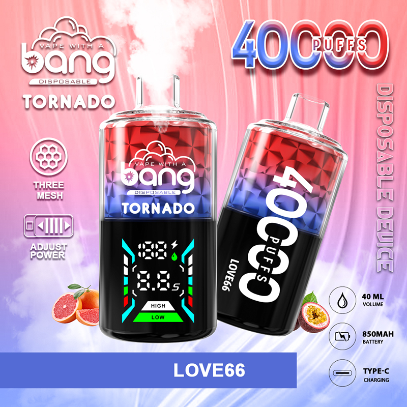 Colourful advertisement showing two Bang Tornado disposable vape devices — one upright emitting vapour and displaying a digital screen with High/Low power indicators, the other tilted and labelled 400 puffs — set against a pink‑purple gradient with icons for three‑mesh, adjustable power, 40 ml, 850 mAh battery and Type‑C charging and small grapefruit and passionfruit images.