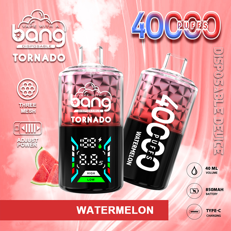 Two pink-red Bang Tornado disposable vape devices with faceted tops, one showing a digital power/level display; labels read 4000 puffs and Watermelon, set against a pink swirled background with a watermelon slice and icons for three-mesh, adjustable power, 40 ml, 850 mAh battery and Type‑C charging.