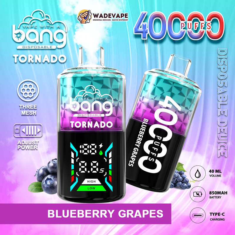 Two colourful Bang Tornado disposable vape devices in teal-to-purple gradient labelled Blueberry Grapes, one showing a digital display, with a prominent “4000 puffs” headline and icons for 40 ml volume, 850 mAh battery and Type‑C charging.