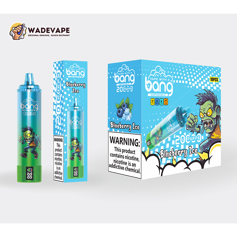 Bright blue-green disposable vape device and matching boxes labelled 'Bang' and 'Blueberry Ice' with cartoon green zombie artwork, blueberry graphics, '20 puffs' branding, a prominent nicotine warning panel and a WadeVape logo in the top-left.