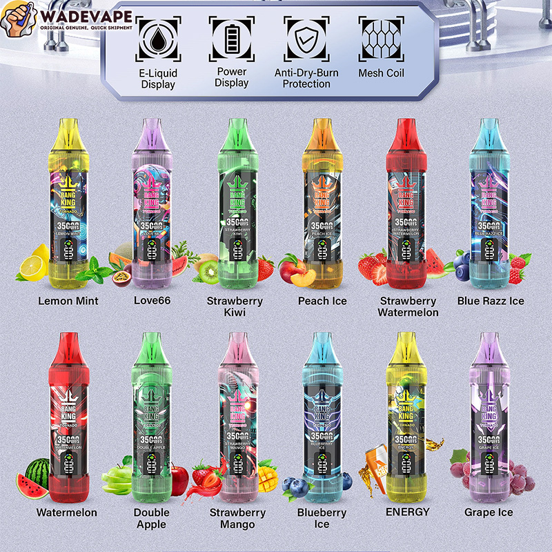 Promotional grid showing 12 colourful disposable vape devices (Bang King) arranged in two rows with matching fruit images and flavour names beneath each, plus a top banner with icons for e-liquid display, power display, anti-dry-burn protection and mesh coil and a WADEVAPE logo in the corner.