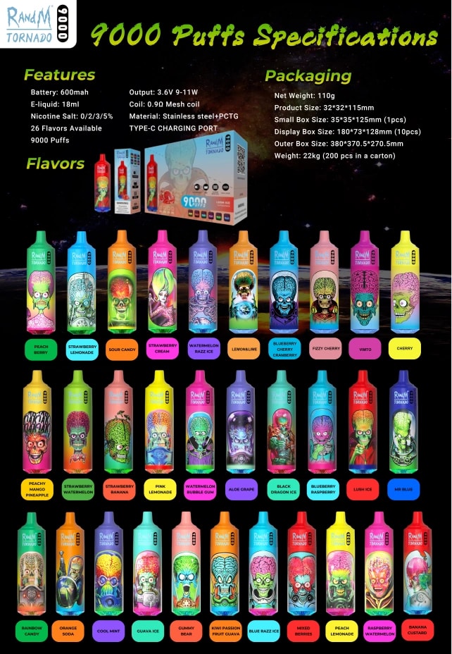 Promotional poster for Random Tornado’s '9000 Puffs' disposable vape with the product name and logo, technical features and packaging specifications on a starry background, and a grid of colourful vape devices with cartoonish skull- and monster-themed artwork and labelled flavour names (26 flavours).
