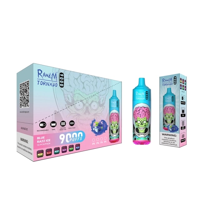 Colourful product packaging for RandM Tornado disposable vape showing a turquoise-and-pink device and its outer box featuring a green, wide-eyed alien with an exposed pink brain, prominent '9000 puffs' text, flavour labelled as Blue Razz Ice and a small warning panel.