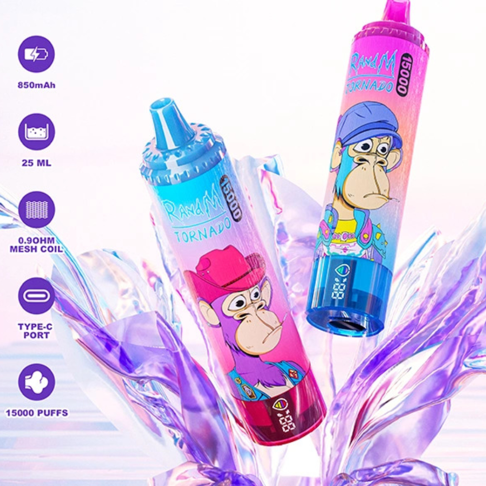Two brightly coloured cylindrical disposable vaping devices with cartoon monkey illustrations and pink-to-blue gradient skins float above iridescent purple crystal-like shapes, with a vertical column of purple product-spec icons at left listing 850 mAh, 25 ml, 0.9 ohm mesh coil, Type-C port and 15,000 puffs.