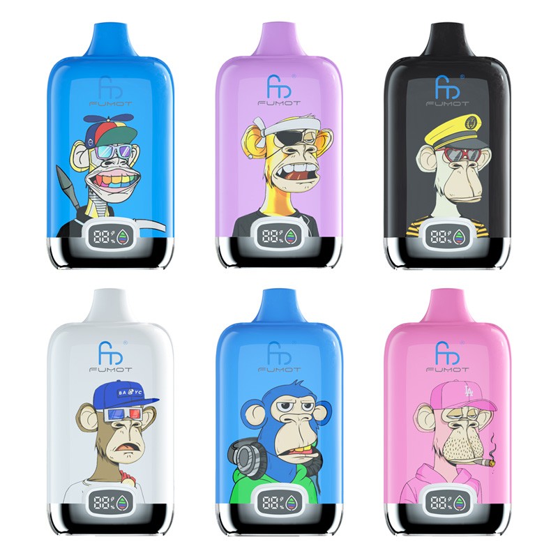 Six colourful pod-style vape devices arranged in two rows, each with a glossy front panel displaying a distinct cartoon ape character wearing different hats and accessories, a small digital charge indicator at the base and a brand logo above.
