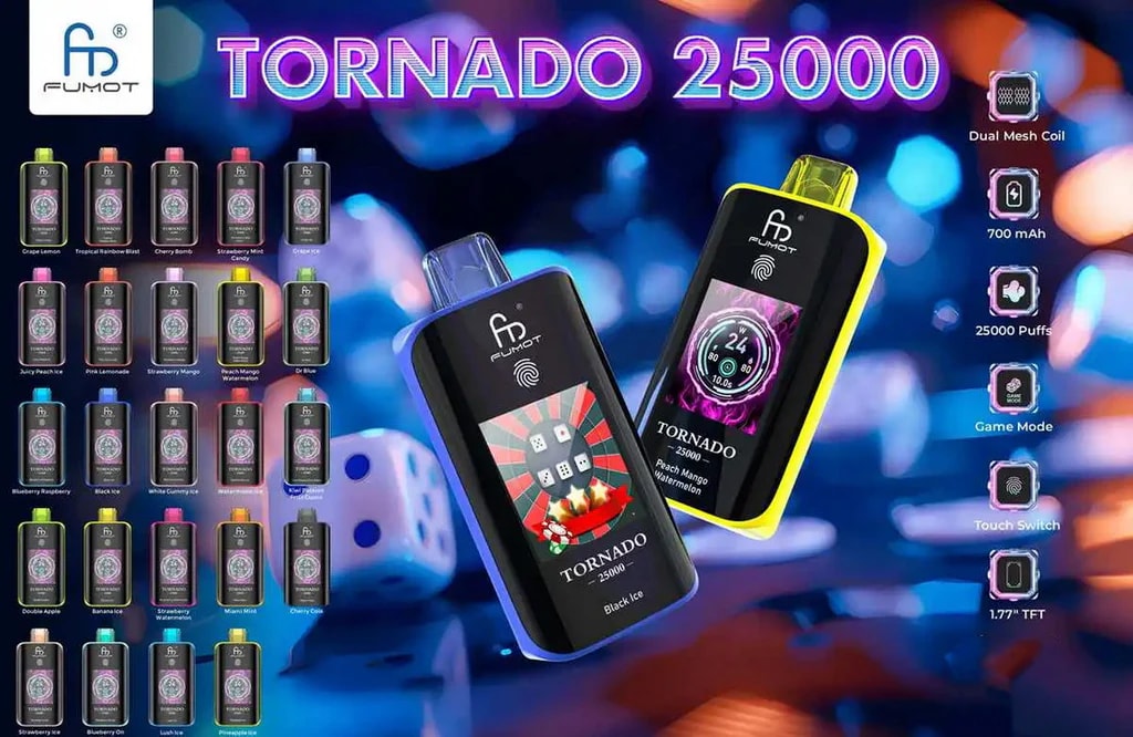 Promotional poster showing two colourful Fumot Tornado 25000 vape devices in the foreground with a neon 'TORNADO 25000' headline, a grid of small flavour variants on the left and icons on the right highlighting features like dual mesh coil, 700 mAh battery, 25,000 puffs, game mode, touch switch and 1.77" TFT screen.