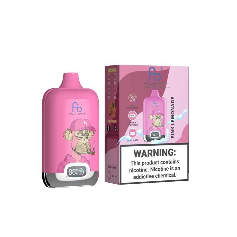 Pink handheld vape device with a cartoon smoking ape and a small digital display, shown beside a matching pink retail box labelled "Pink Lemonade" and a large warning that the product contains nicotine.