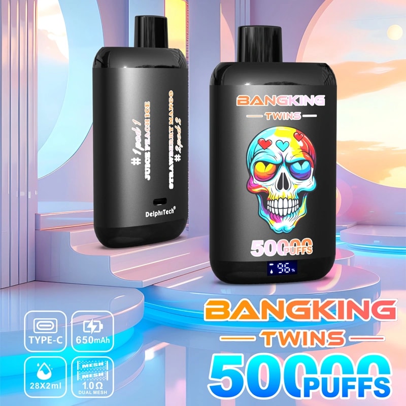 Two black BangKing Twins disposable vape devices displayed on a pastel geometric stage, the front unit featuring a colourful skull illustration, a digital counter and '50,000 puffs' branding while the rear unit shows product text and icons indicating Type-C charging and 650mAh capacity