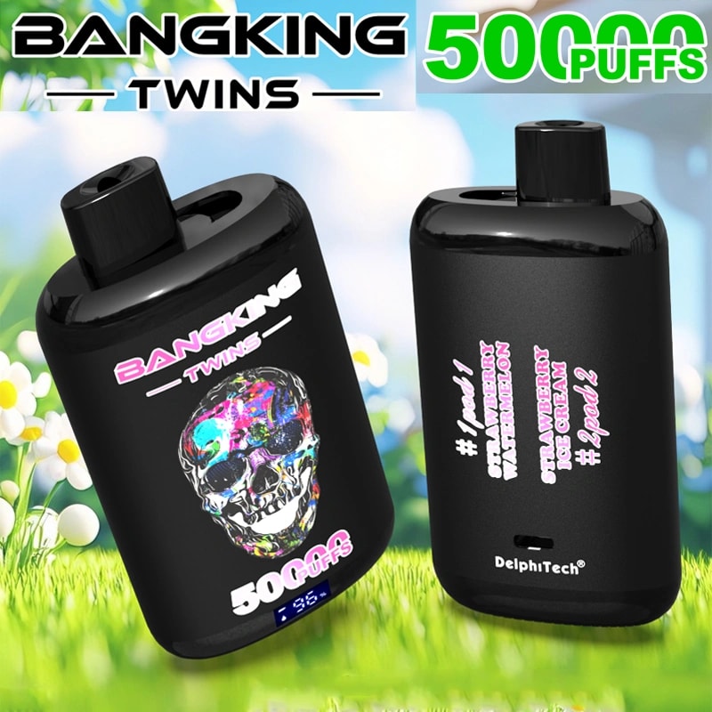 Two black Bangking Twins disposable vapes with short top mouthpieces set on a grassy, daisy-speckled background; the left device shows a multicoloured skull graphic and a prominent 500 puffs label, the right device lists flavours including strawberry watermelon and strawberry ice cream with a small DelphiTech logo.