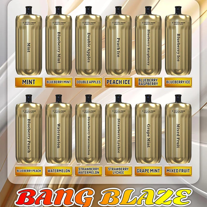 Twelve gold-coloured disposable vape devices with black mouthpieces arranged in two rows above orange nameplates listing flavours such as Mint, Blueberry Mint, Double Apples, Peach Ice, Blueberry Raspberry, Blueberry Ice, Blueberry Peach, Watermelon, Strawberry Watermelon, Strawberry Lychee, Grape Mint and Mixed Fruit, with a large stylised BANG BLAZE logo across the bottom.