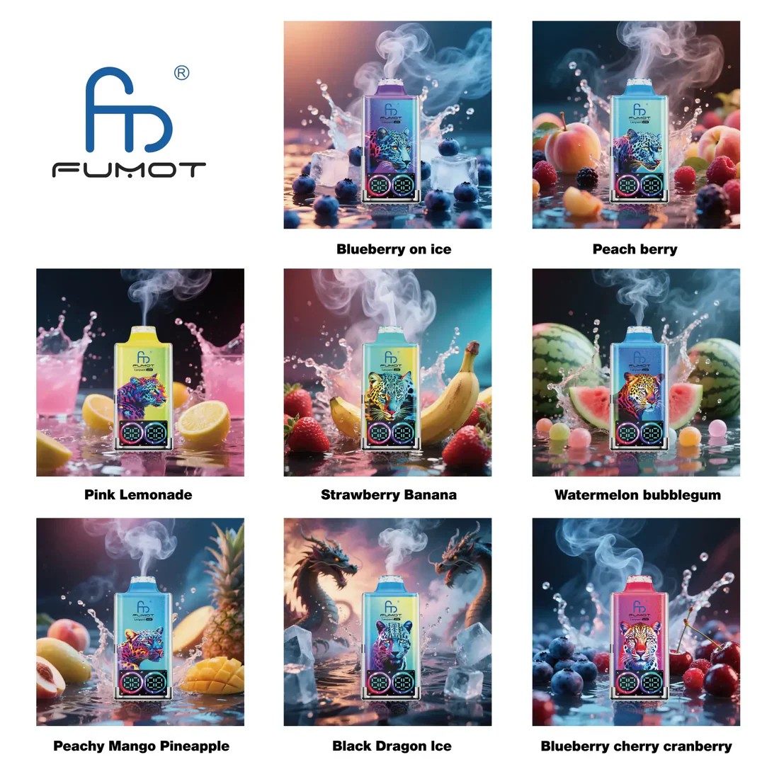 Fumot logo at top left with eight colourful vaping devices in a grid, each emitting vapour and surrounded by fruit or ice imagery and labelled with flavours: Blueberry on Ice, Peach Berry, Pink Lemonade, Strawberry Banana, Watermelon Bubblegum, Peachy Mango Pineapple, Black Dragon Ice and Blueberry Cherry Cranberry.