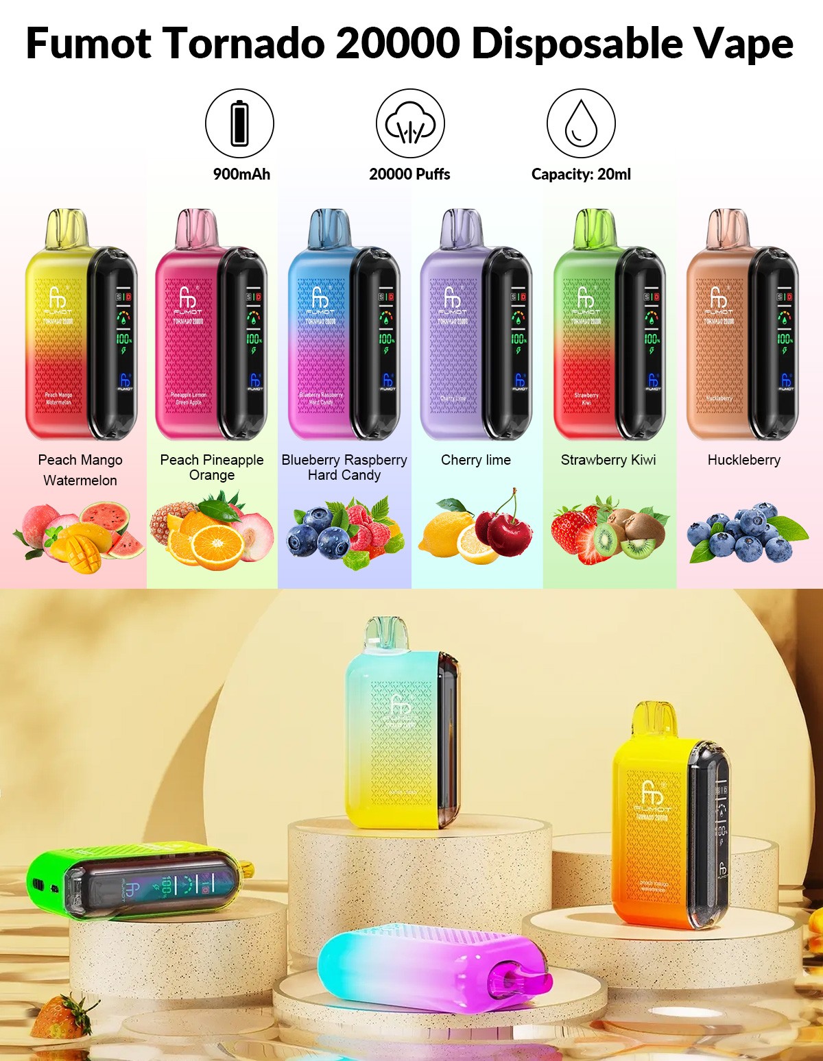 A colourful display of Fumot Tornado 20000 disposable vapes in seven gradient finishes with labelled flavours, icons indicating 900mAh battery, 20,000 puffs and 20ml capacity, and several devices arranged on round podiums.