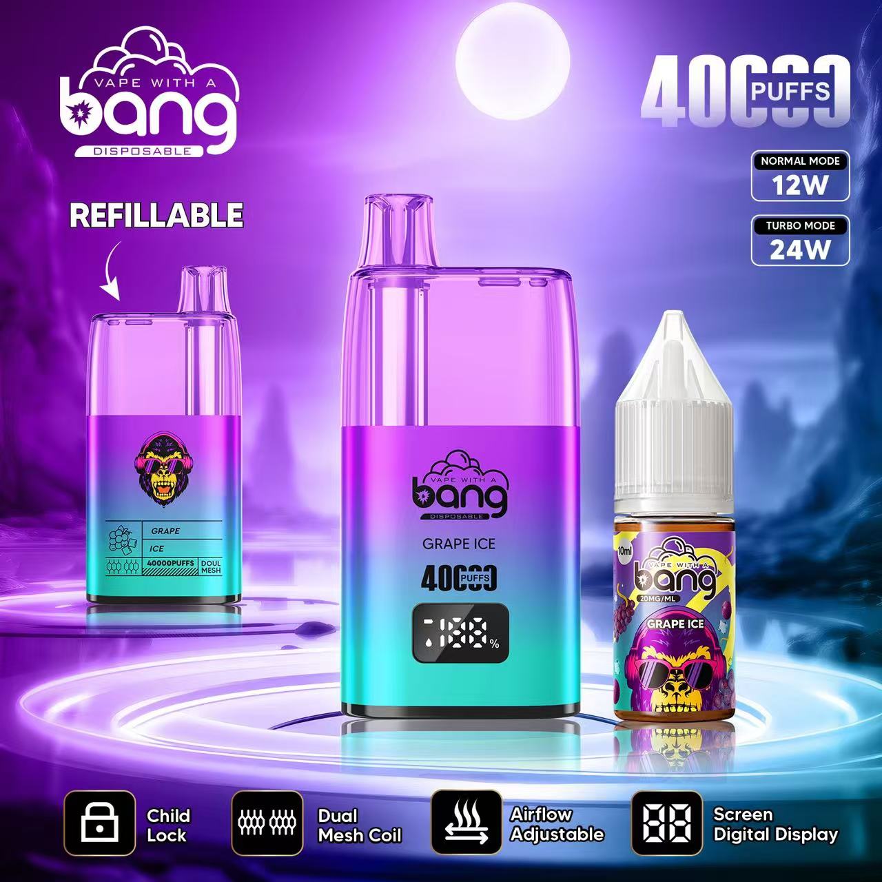 Purple-to-teal gradient 'Bang' disposable vape device labelled 'Grape Ice' alongside a matching e-liquid bottle with a skull graphic, set against a moonlit purple background with '40,000 puffs' branding, a 'refillable' label, a digital screen and icons for child lock, dual mesh coil, adjustable airflow and screen display.