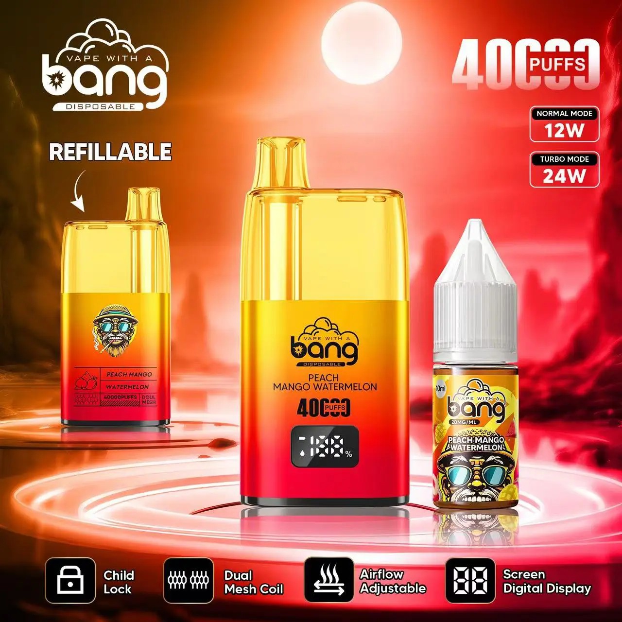 Bright yellow-to-red Bang disposable vape kit on an orange-red background showing a central refillable device labelled "Peach Mango Watermelon" with a digital puff counter and "4000 puffs", flanked by a smaller device and a flavour bottle, with icons for child lock, dual mesh coil, adjustable airflow and screen display.