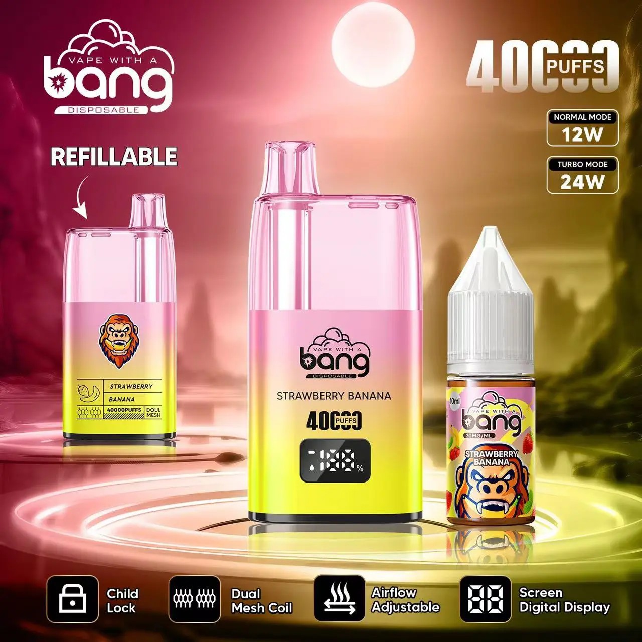 Pink and yellow gradient Bang refillable disposable vape device alongside a matching strawberry‑banana e‑liquid bottle, prominently labelled 40,000 puffs with icons for child lock, dual mesh coil, adjustable airflow and digital screen