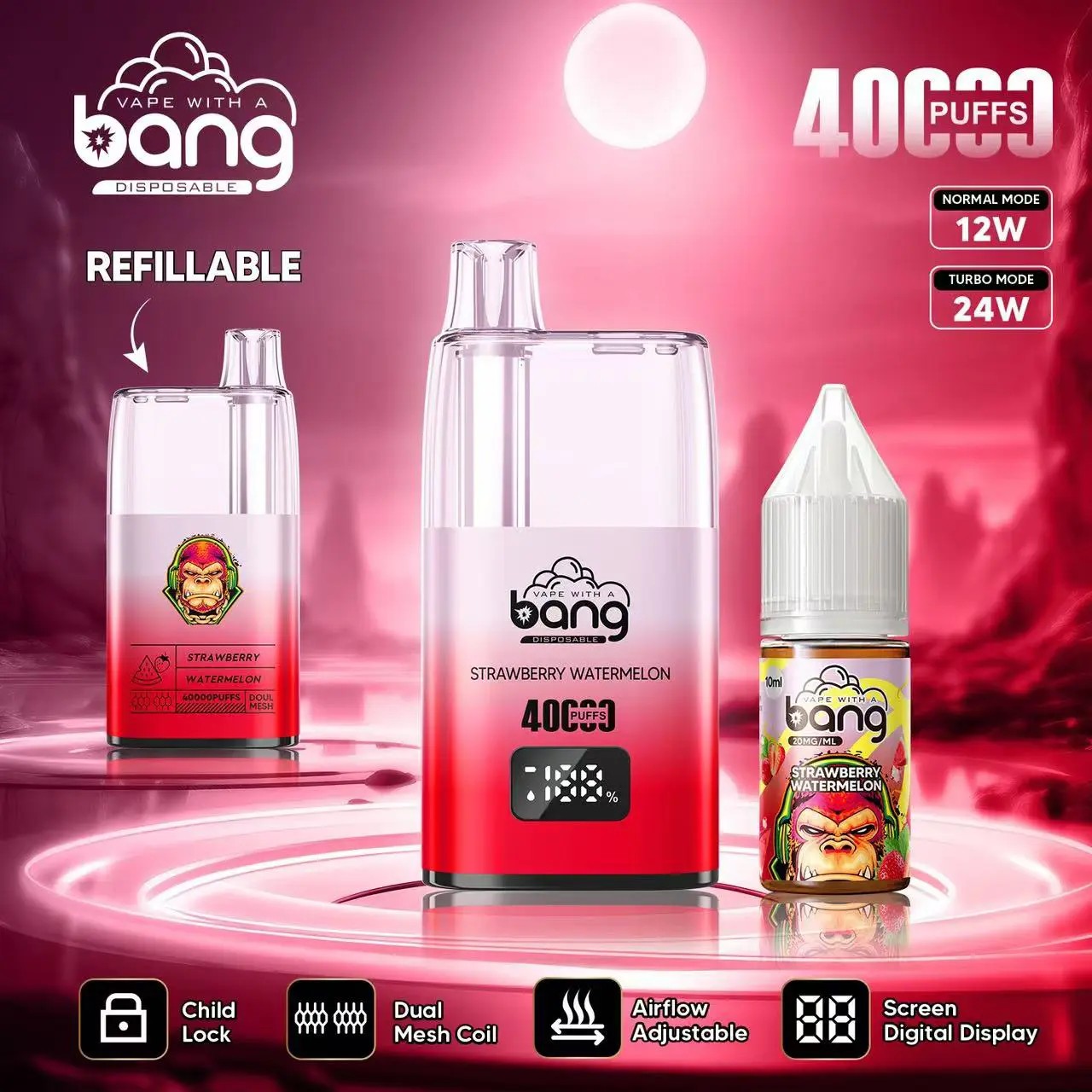 Promotional pink image showing Bang disposable vape devices and a matching strawberry watermelon e-liquid bottle on a glossy circular platform, highlighting "4000 puffs", refillable mouthpiece, digital screen, airflow and child-lock icons and power modes 12W/24W.