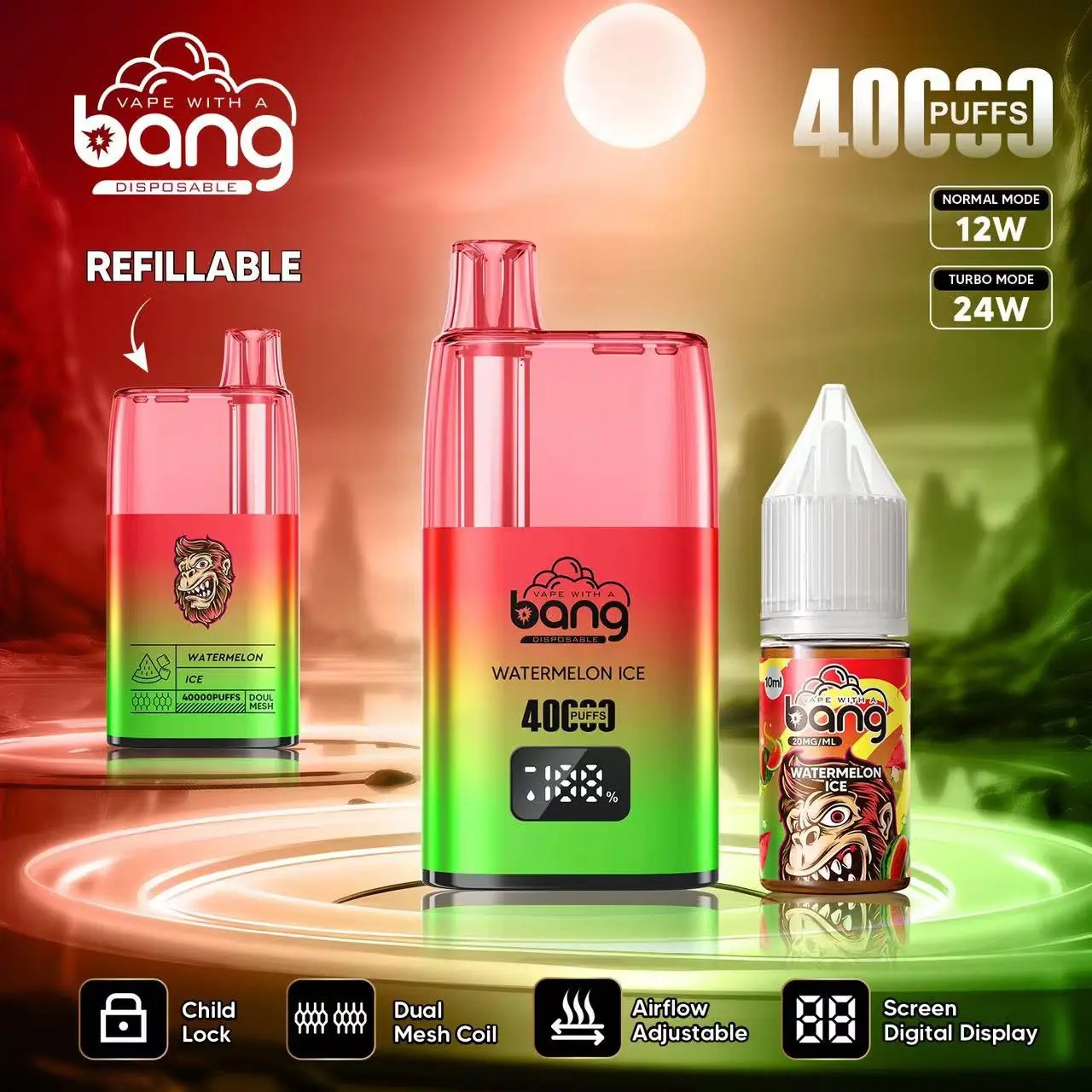 Refillable Bang disposable vape device in red-to-green watermelon-ice colours with prominent “40,000 puffs” text and a small digital screen, displayed next to a matching watermelon-ice e-liquid bottle and icons for child lock, dual mesh coil, adjustable airflow and screen display.