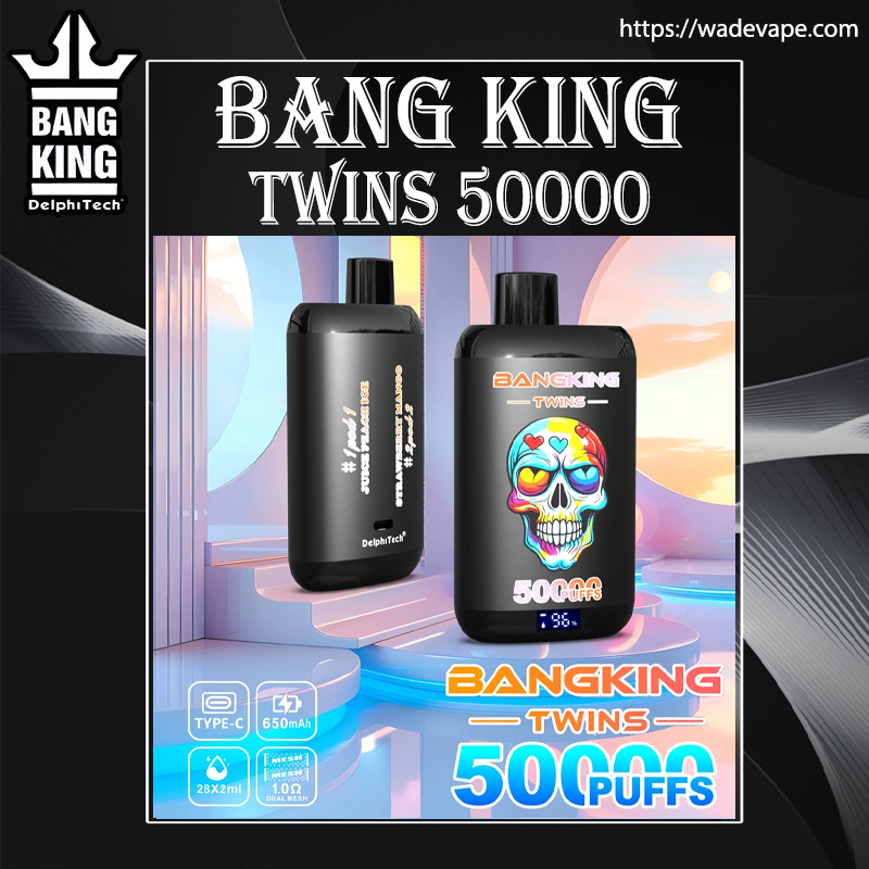 Two black Bang King Twins disposable vape devices shown against a pastel, futuristic backdrop — one with a colourful sugar‑skull graphic and a digital '50000 puffs' label and the other plain with brand markings, framed by a bold 'BANG KING TWINS 50000' headline and product icons.