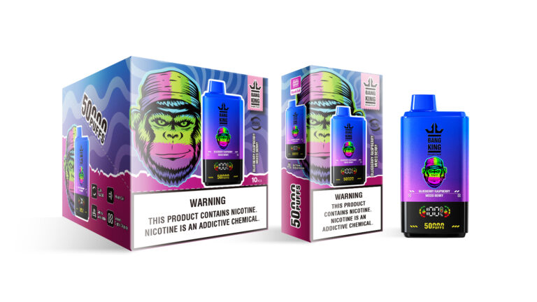 Colourful retail display box and matching disposable vape device with a blue-to-purple gradient, 'Bang King' branding, '50,000 puffs' label and a prominent nicotine warning on the packaging.