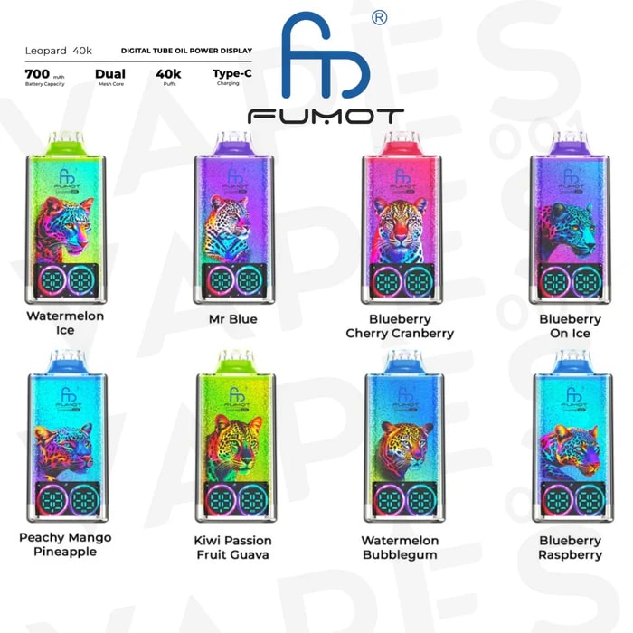 Product display showing eight colourful Fumot Leopard 40k vape devices in gradient finishes each featuring a neon leopard face and dual circular LED-style indicators, with the Fumot logo and specs (700 mAh battery, Dual mesh coil, 40k puffs, Type-C charging) at the top and flavour names labelled beneath each device: Watermelon Ice; Mr Blue; Blueberry Cherry Cranberry; Blueberry On Ice; Peachy Mango Pineapple; Kiwi Passion Fruit Guava; Watermelon Bubblegum; Blueberry Raspberry.